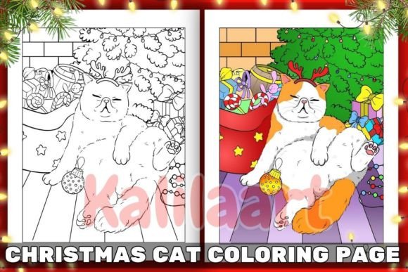 Christmas Cat Coloring Page 04 – A Relaxing Creative Escape