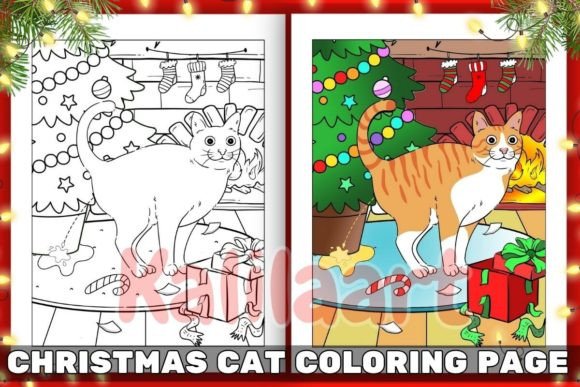 Christmas Cat Coloring Page 05: Festive Relaxation in a Single Design